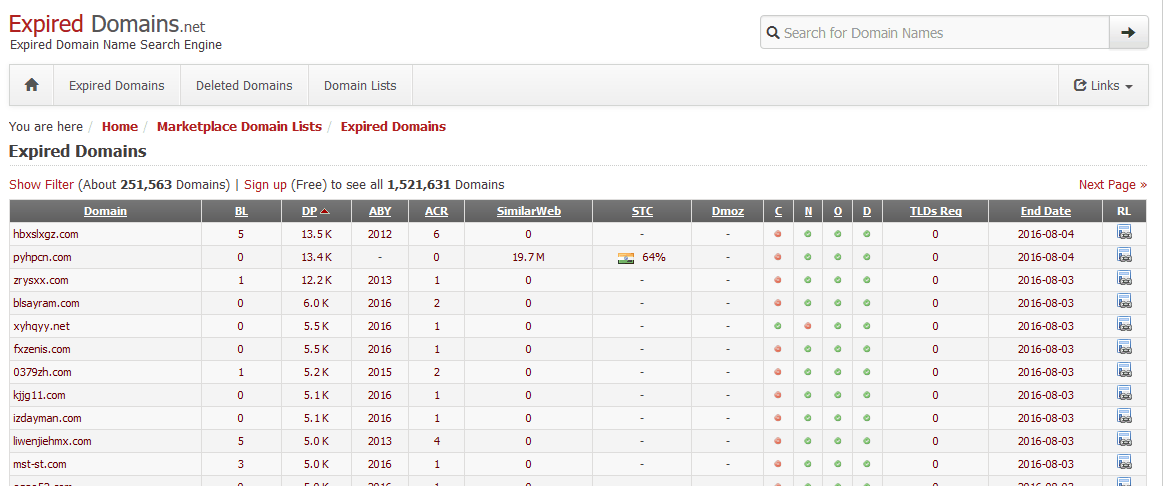 ExpiredDomains.net site pour trouver des domaines expirés