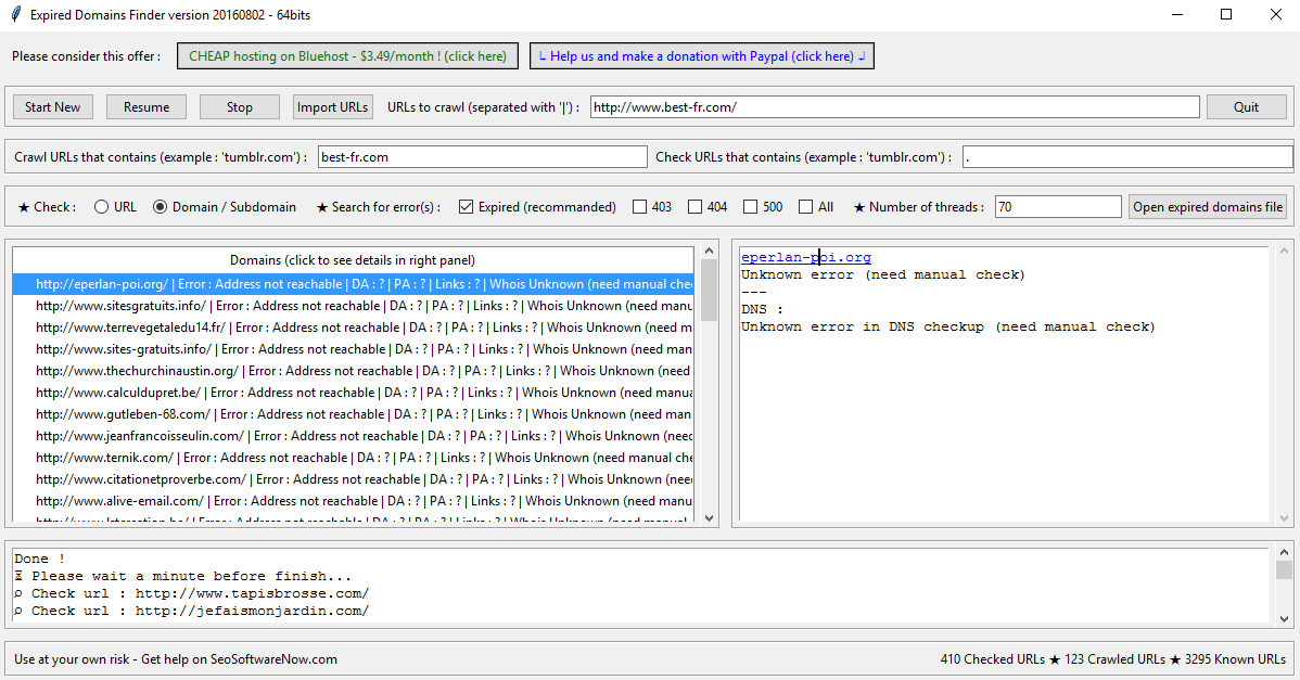 Expired Domains Finder : résultats