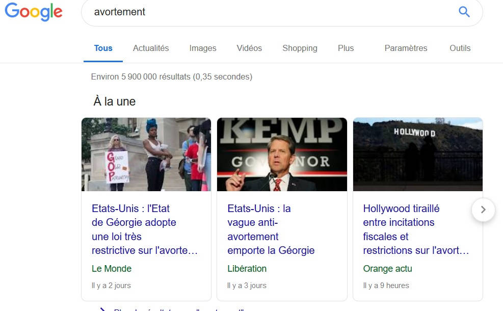 résultat de recherche sur l'avortement dans Google