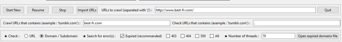 Expired Domains Finder : paramètres de recherche