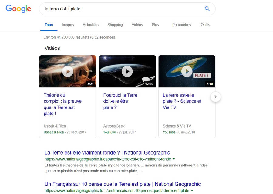 résultat google recherches terre plate